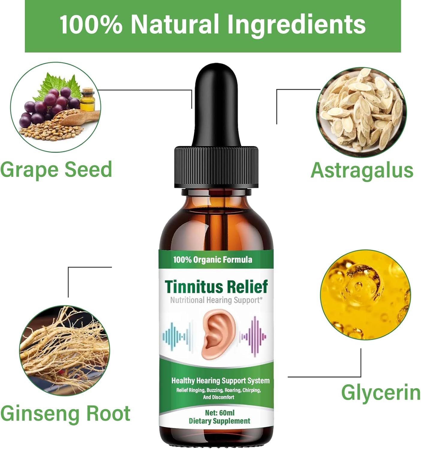 Tinnitus Relief for Ringing Ears, 60ML Natural Herbal Tinnitus 