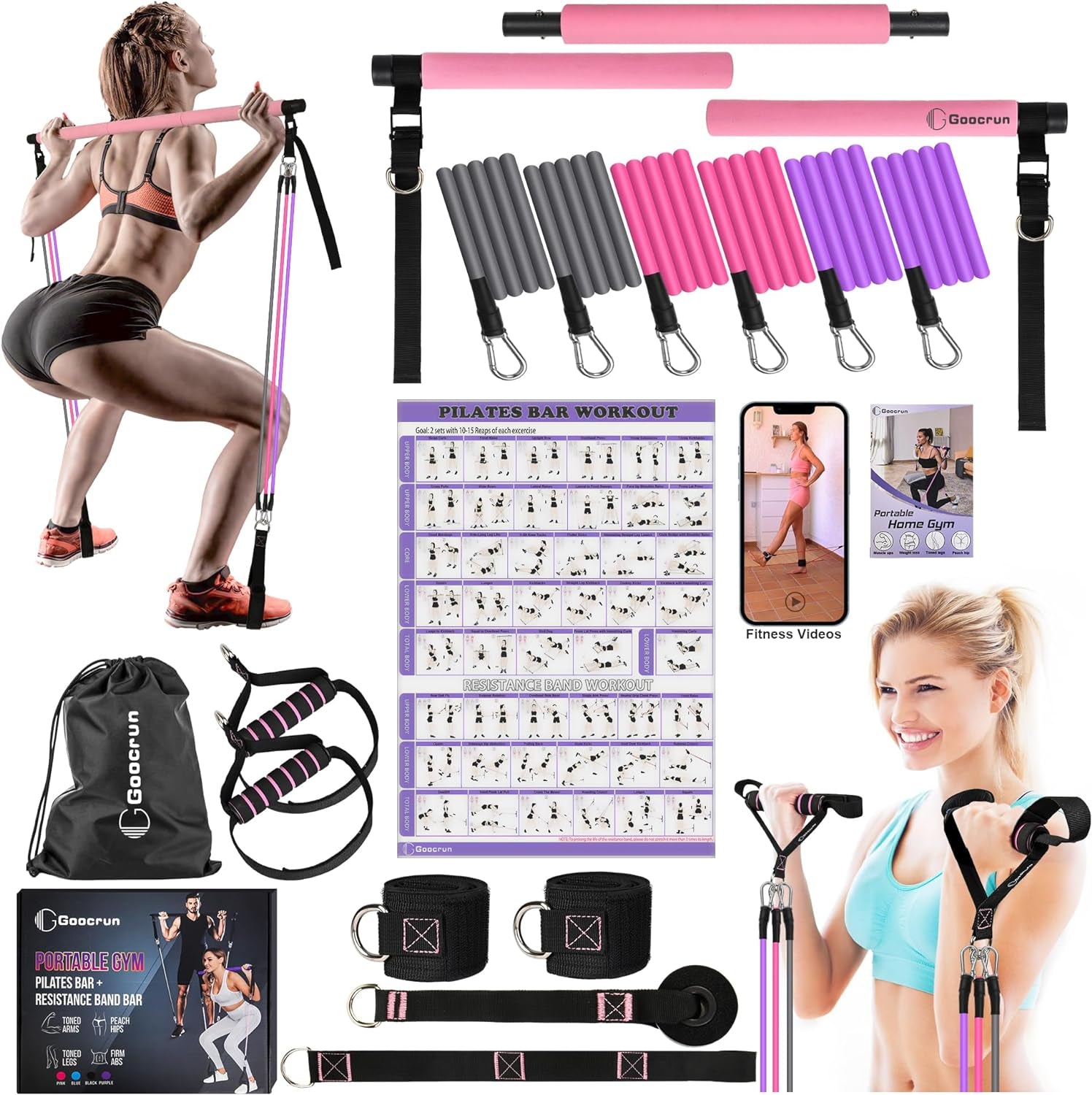 Portable Pilates Bar Kit with Resistance Bands for Men and Women 