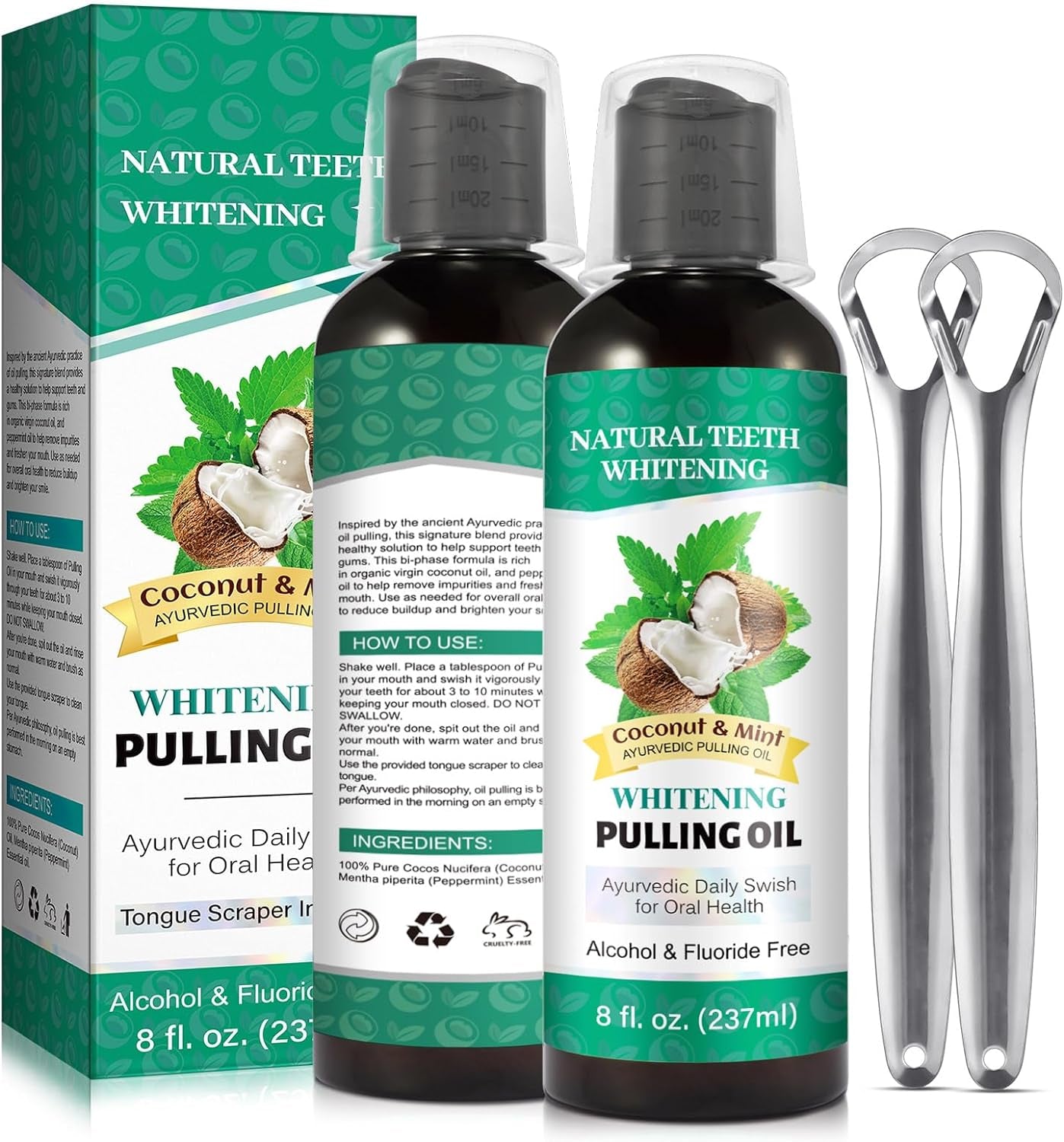 Coconut Mint Oil Pulling, 2Pack Whitening Oilpulling Mouthwash for Teeth 