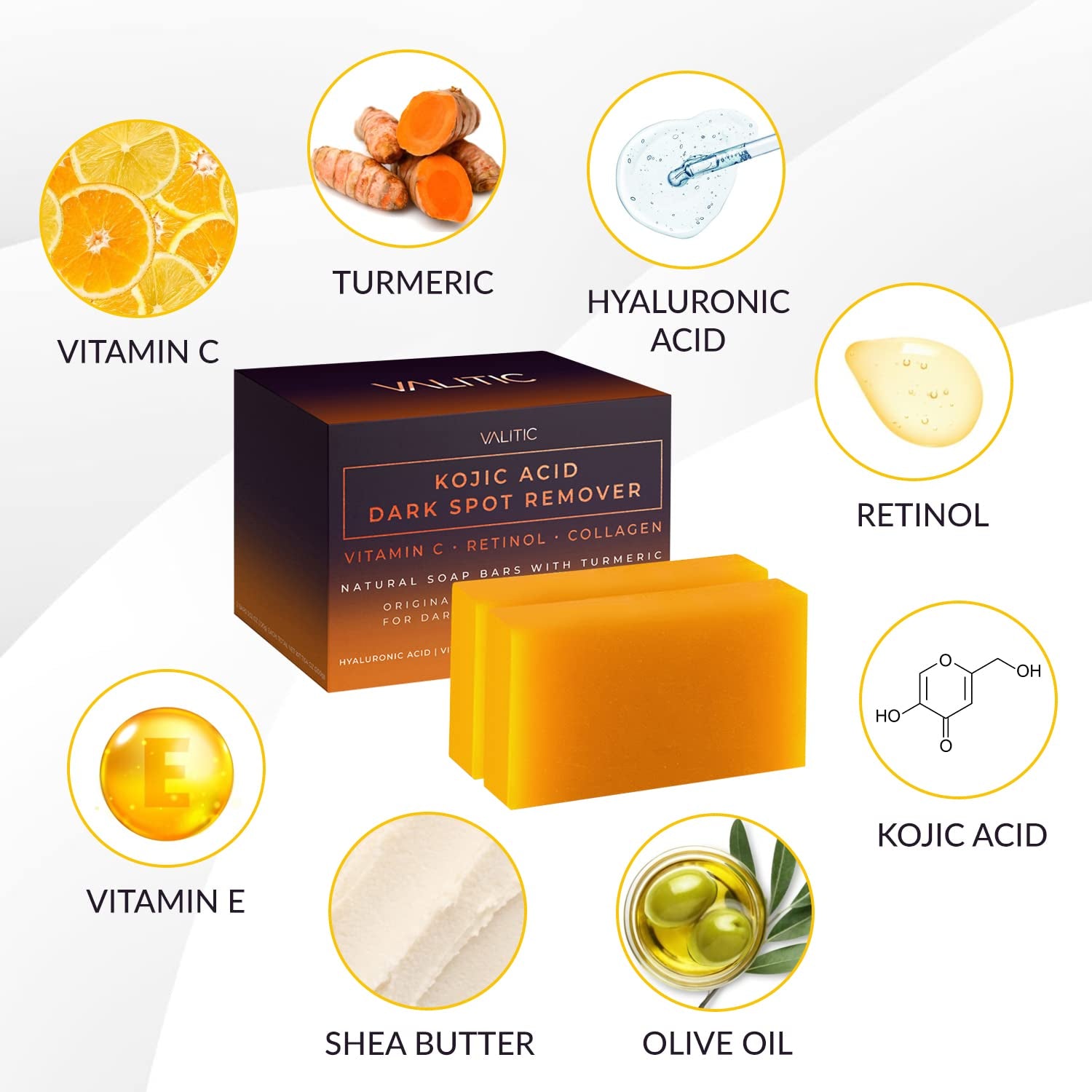 Kojic Acid Dark Spot Remover Soap Bars with Vitamin C, Retinol, Collagen