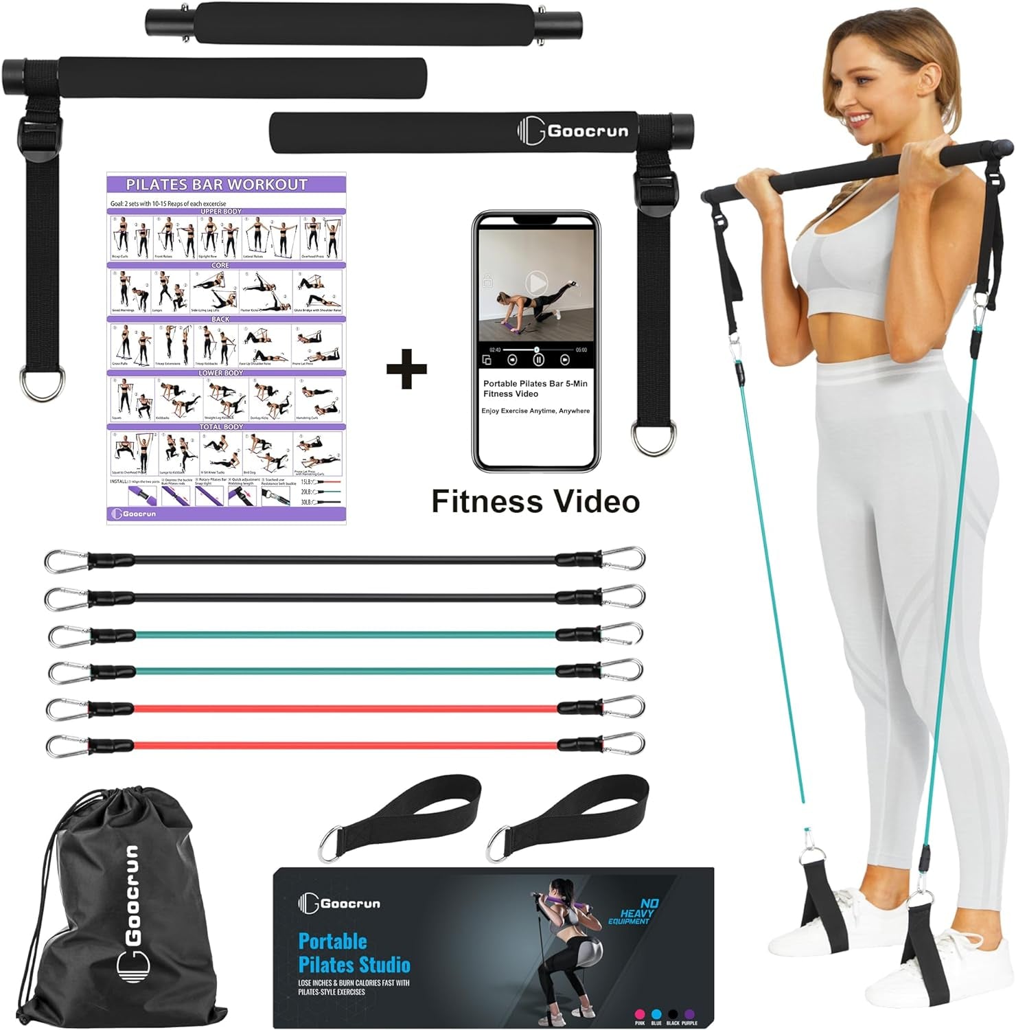 Portable Pilates Bar Kit with Resistance Bands for Men and Women 