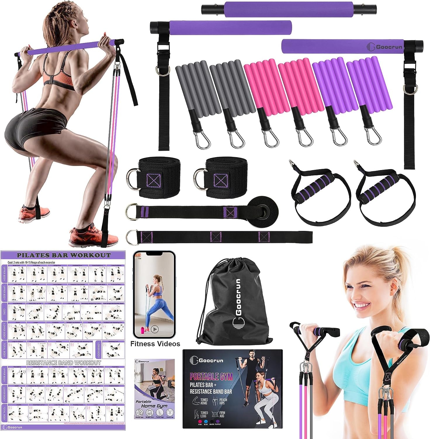 Portable Pilates Bar Kit with Resistance Bands for Men and Women 