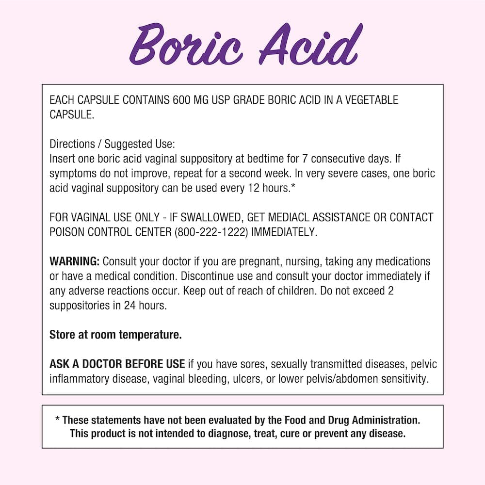 Boric Acid 600 Mg Vaginal Suppositories - 100% Pure 