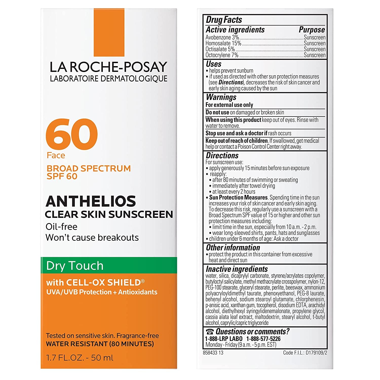 Anthelios Clear Skin Dry Touch Sunscreen SPF 60, Oil Free Face Sunscreen
