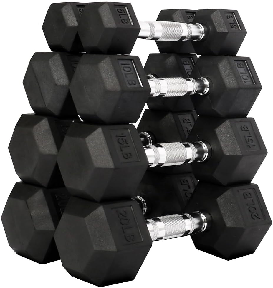 Rubber Encased Hex Dumbbell, Pairs or Sets, Multiple Packages