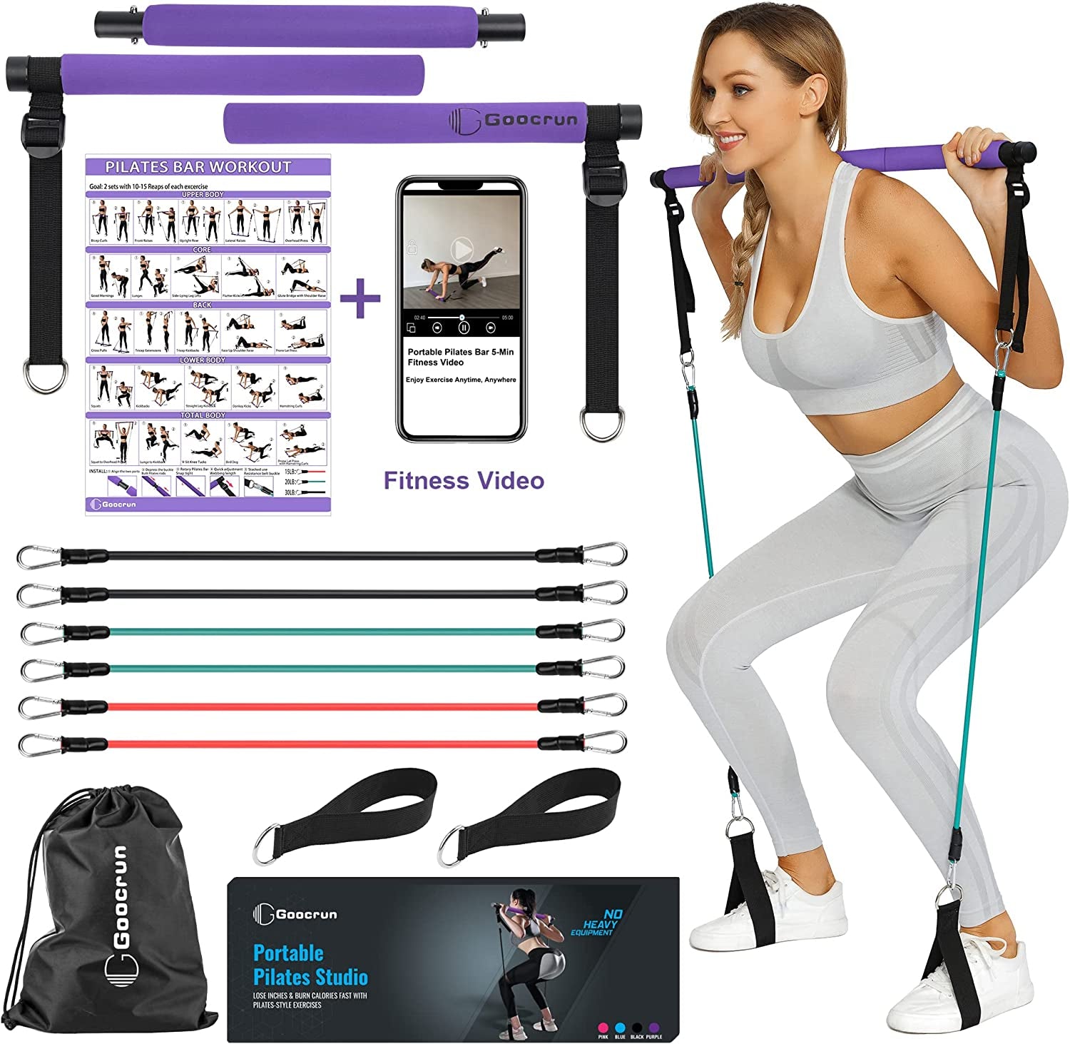 Portable Pilates Bar Kit with Resistance Bands for Men and Women 