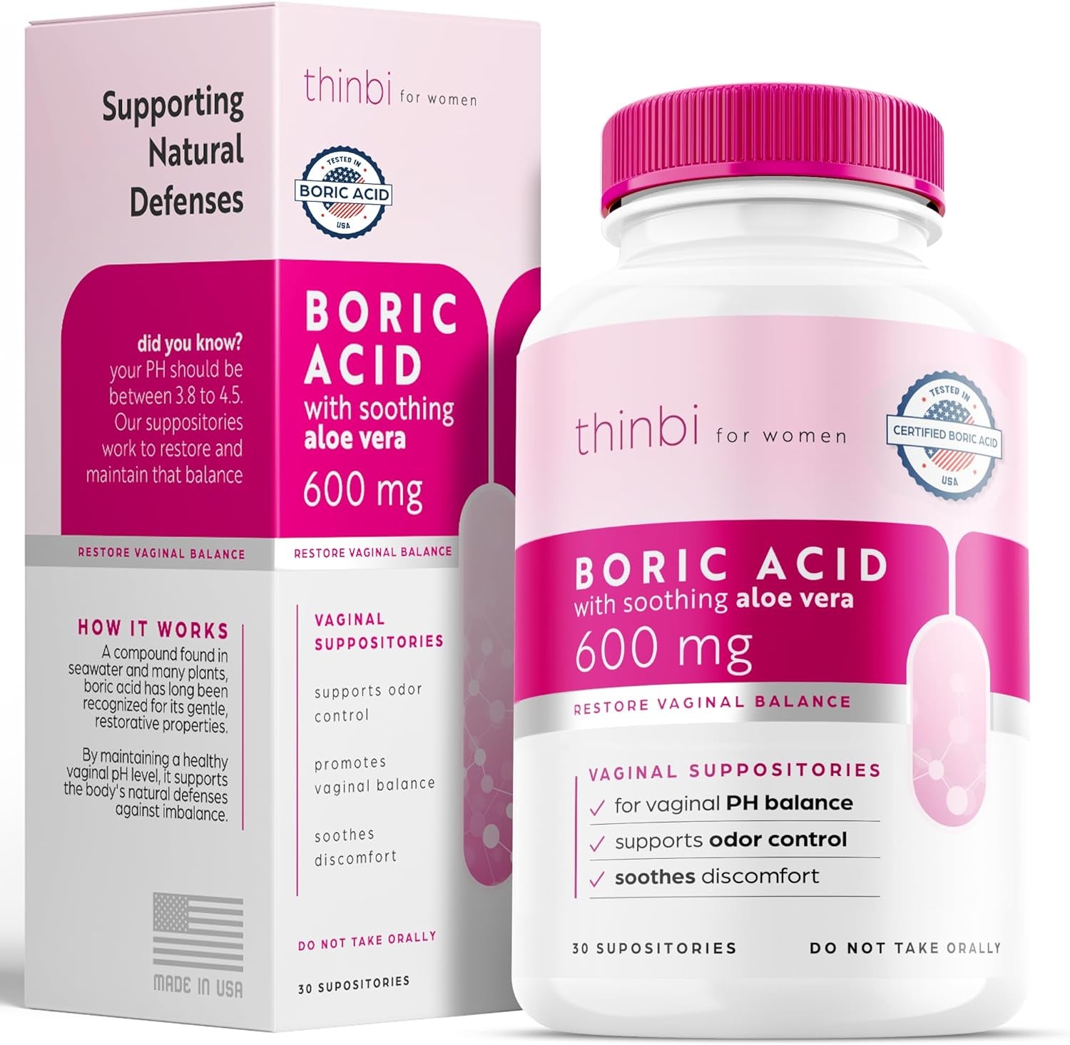 Thinbi Boric Acid Suppositories for Women W/Aloe Vera 