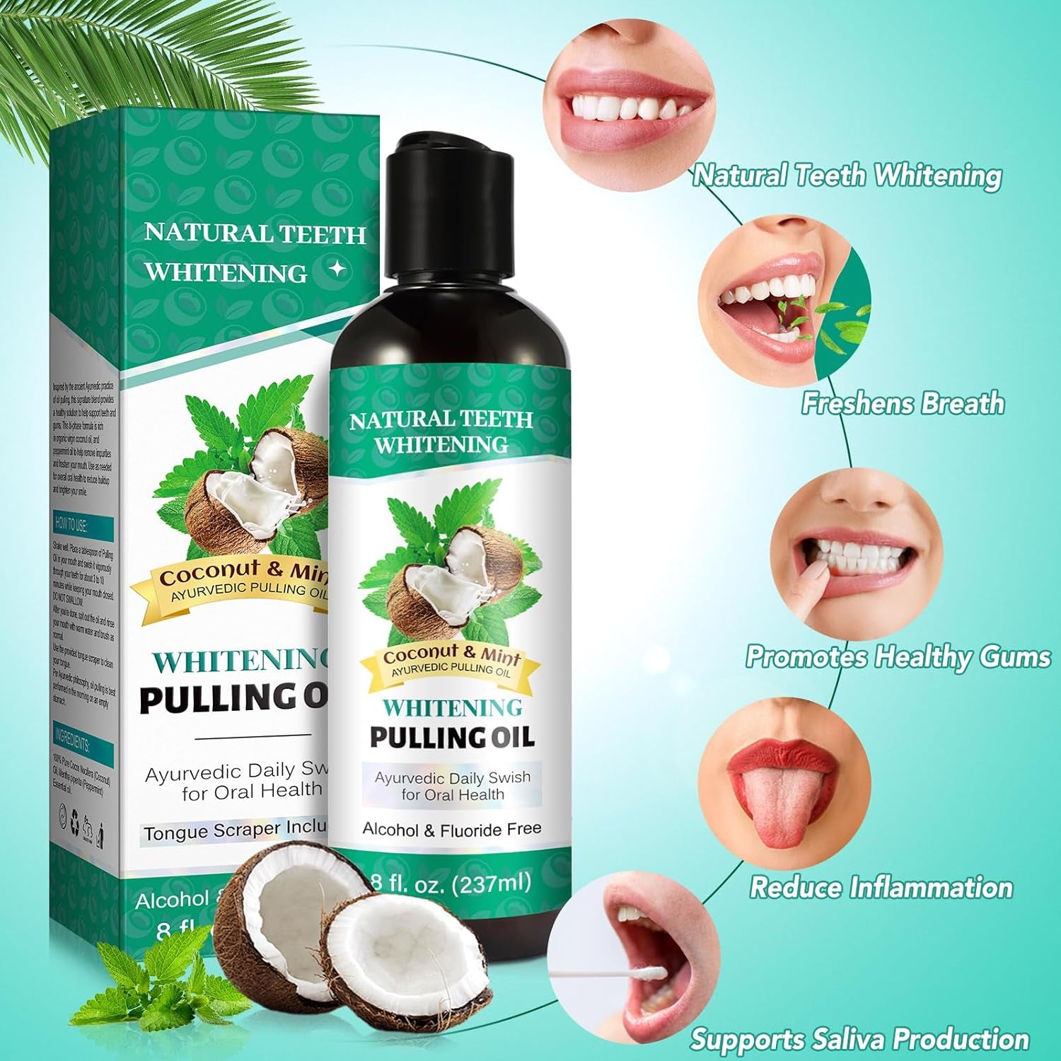 Coconut Mint Oil Pulling, 2Pack Whitening Oilpulling Mouthwash for Teeth 